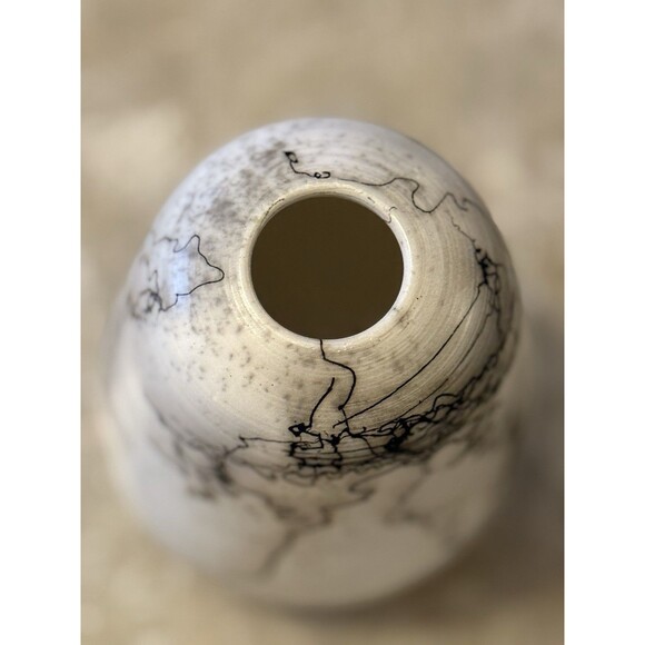 Raku Horse Hair Pottery Vase Round 6.5" Handmade Signed - Picture 5 of 10